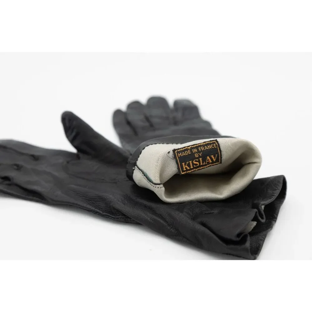 Vintage 1960s KISLAV Black Leather Gloves Women’s‎ 6.5 Made in France